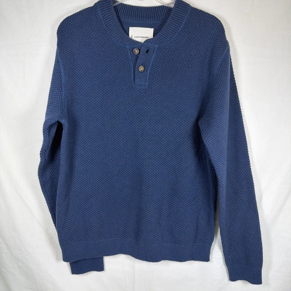 Lucky Brand Men's Blue Henley Sweater Size L Knit Pullover Long Sleeve